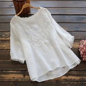 100% Cotton Summer Blouse Women Floral Embroidery Shirt Vintage O-neck Short Sleeve Blusas Casual Tops Tunic Large Size Shirts