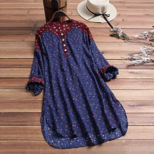 Spring Floral Tops Women Long Sleeve Big Size Shirts Female Buttons Stand Collar Cotton Linen Clothes Womens Tops and Blouses